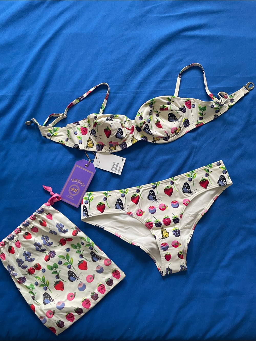 H&M x Versace Cream Floral & Butterfly Bikini Set with Pouch